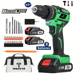 Tegatok Cordless Drill Set, Brushless 20V Electric Drill with Drill Bits, 3/ 8-Inch Keyless Chuck, 2 Variable Speeds, 20+3 Torque Setting, 400 in-lbs Torque Battery Power Screwdriver Driver for Plastic, Wood, Metal, Screws