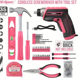 35-piece Pink Ladies Tool Set, Including USB Electric Screwdriver And Electric Drill Set. A Full Set Of Repair Tools, Suitable For Motorcycle, Car Repair, Home Decoration, Christmas And Halloween Gifts