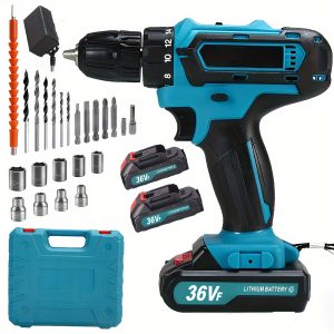 Rechargeable Lithium Drill Kit: 36V Electric Screwdriver, 1500mAh Batteries, Charger, Home Maintenance Kit with Repair Tools