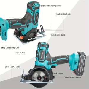 "1 set 20V Cordless Circular Saw Kit with 2.0Ah Battery, 3-3/8"" Blade, 4500RPM, 13/16"" Cutting Depth, 90?? & 45?? Angles"