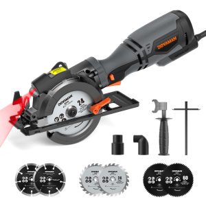 Circular Saw, 5.8A 4-1/2" Circular Saw w/Laser, Metal Auxiliary Handle, 6 Saw Blades (4", 4"), Cutting Depth 1-11/16" (90), 1-3/8" (45), Ideal for Wood, Soft Metal, Plastic, Tile - MCS01A